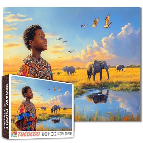 African Boy Savanne Sonnenaufgang-Puzzle, Elefantenherde und Fluss, Reflexionskunst, 1000 Teile, Naturkontemplation, Puzzle, 50 x 70 cm, herausfordernde Familienaktivitäten, Spiele für Heimdekoration African Boy Savanne Sonnenaufgang-Puzzle, Elefantenherde und Fluss, Reflexionskunst, 1000 Teile, Naturkontemplation, Puzzle, 50 x 70 cm, herausfordernde Familienaktivitäten, Spiele für Heimdekoration von Aihonmin