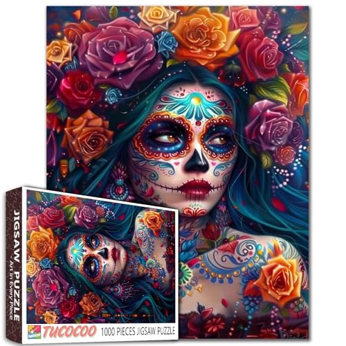 Aihonmin Sugar Skull Puzzle für Erwachsene, Tag der Toten, 1000 Teile, Puzzle, Halloween, Frauenpuzzles für anspruchsvolle Familienaktivitäten, buntes DIY-Kunst-Puzzle, Heimdekoration, einzigartige Aihonmin Sugar Skull Puzzle für Erwachsene, Tag der Toten, 1000 Teile, Puzzle, Halloween, Frauenpuzzles für anspruchsvolle Familienaktivitäten, buntes DIY-Kunst-Puzzle, Heimdekoration, einzigartige von Aihonmin