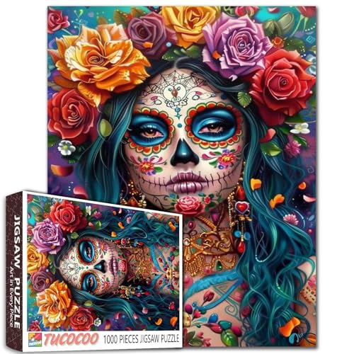 Aihonmin Sugar Skull Woman Puzzles für Erwachsene 1000 Teile Halloween Kunst Puzzles Schädel Puzzle für anspruchsvolle Familienaktivität Spiel DIY Handwerk Puzzle Heimdekoration Handgemachte Geschenke von Aihonmin