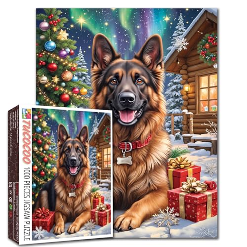 Deutscher Schäferhund, rotes Halsband, Schneeszene, Weihnachtsbaum, Aurora Borealis, 1000-teiliges Puzzle für Erwachsene, Anfänger, Familienaktivität, DIY, Heimdekoration, Geschenk, 68 x 50 cm Deutscher Schäferhund, rotes Halsband, Schneeszene, Weihnachtsbaum, Aurora Borealis, 1000-teiliges Puzzle für Erwachsene, Anfänger, Familienaktivität, DIY, Heimdekoration, Geschenk, 68 x 50 cm von Aihonmin