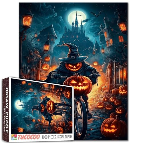 Flying Pumpkin Ghost Night Puzzle, 1000 Teile, geheimnisvolles Waldblau, hyper realistisch, 68 x 50 cm von Aihonmin