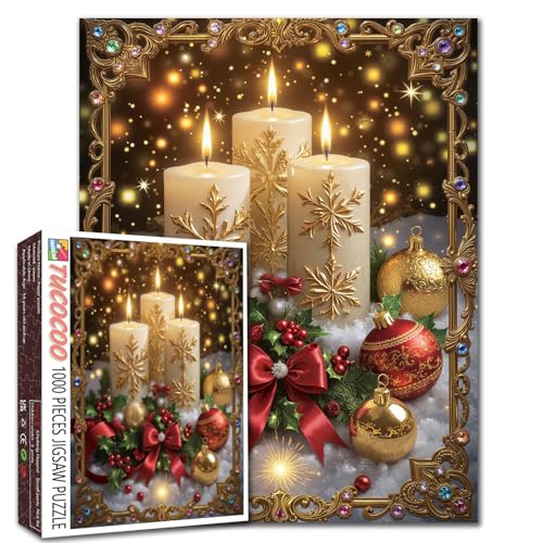 Goldene Schneeflockenkerzen, Stechpalmenbeeren, Weihnachtsdekoration, 1000-teiliges Puzzle für Erwachsene und Anfänger, luxuriöses Geschenk, 68 x 50 cm Goldene Schneeflockenkerzen, Stechpalmenbeeren, Weihnachtsdekoration, 1000-teiliges Puzzle für Erwachsene und Anfänger, luxuriöses Geschenk, 68 x 50 cm von Aihonmin