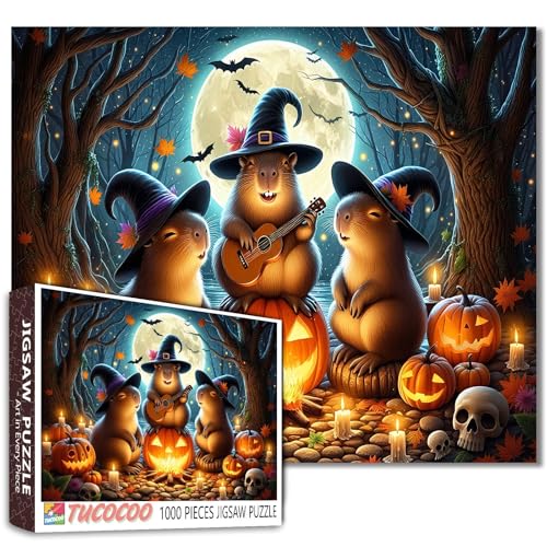 Halloween Capybara Puzzle für Erwachsene, Hexe, Capybaras, singend am Lagerfeuer, Kürbis-Puzzle, Puzzles für anspruchsvolle Familienaktivitäten, buntes DIY-Kunst-Puzzle, Heimdekoration, Geschenke von Aihonmin