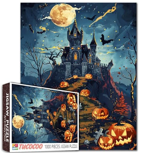 Halloween Fright Night Puzzle für Erwachsene 1000 Teile, Horror Spukhaus Kürbis Jigsaw Puzzle Geist, geeignet für alle Puzzle-Spielzeug-Enthusiasten, Geschenke für Freunde und Familie, 19,7 x 27,6 von Aihonmin