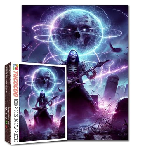 Halloween Rosa Gitarre und Cowboyhut Puzzle für Erwachsene 1000 Teile Schädel Kürbis Gefallene Blätter Unterhaltung Puzzle Geburtstagsfeier Spielzeug für Männer Frauen Herbst Wanddekoration 19,7 x von Aihonmin