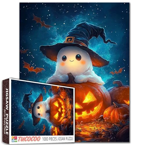 Hexenhut Geist Kürbis Stapel 1000 Teile Puzzle Dreamy Ölgemälde Stil Hyper Detaillierte Halloween Kunst 68,6 x 50,8 cm von Aihonmin