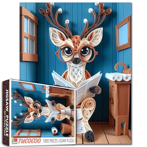 Hirsch Tier sitzend auf Toilette Jigsaw Puzzles für Erwachsene 1000 Teile Badezimmer Tier Tragen Brille Lesen Bücher Puzzles Geburtstagsfeier Spielzeug für Männer Frauen Familienaktivität Perfekt für von Aihonmin