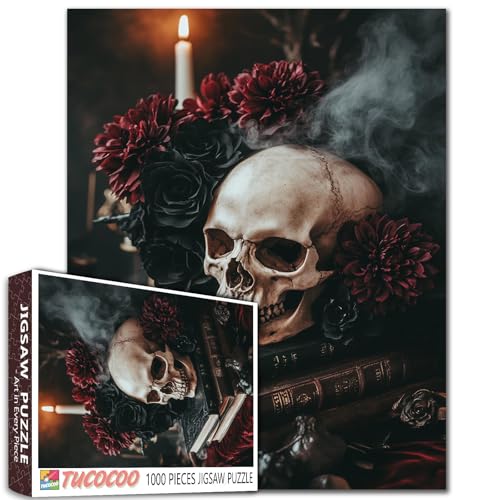 Horrible Halloween-Totenkopf-Puzzle im Vintage-Stil, 1000 Teile, dunkler Stil, blühende Blumen, einzigartiges Geburtstagsgeschenk, geeignet für Erwachsene, anspruchsvolle Familien-Aktivitätsspiele, 50 von Aihonmin