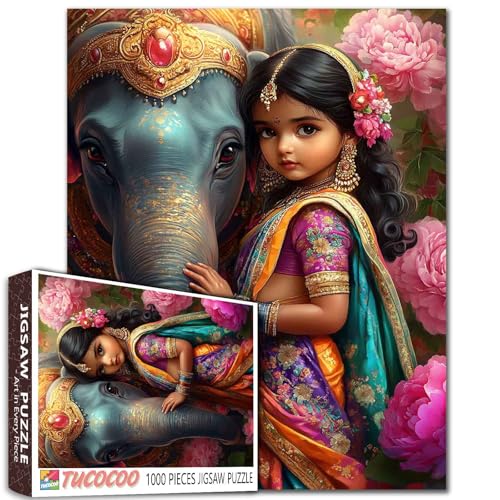 Indisches Mädchen, Elefanten-Puzzle, Pfingstrose, Blumen- und Gold-Akzent-Design, 1000 Teile, kulturelle Kunst-Puzzle, 50 x 70 cm, herausfordernde Familienaktivitäten, Spiele für Heimdekoration Indisches Mädchen, Elefanten-Puzzle, Pfingstrose, Blumen- und Gold-Akzent-Design, 1000 Teile, kulturelle Kunst-Puzzle, 50 x 70 cm, herausfordernde Familienaktivitäten, Spiele für Heimdekoration von Aihonmin