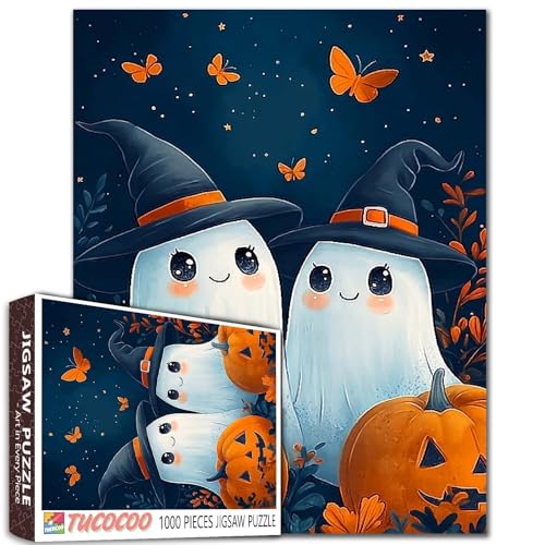 Kawaii Hexengeist Duo 1000 Teile Puzzle Blauer Hintergrund Sterne Schmetterlinge Halloween Kunst 68,6 x 50,8 cm von Aihonmin