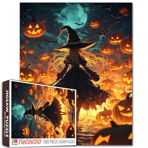 Kürbis Ozean Hexe Anime 1000 Teile Puzzle Nachthimmel leuchtendes Kunstwerk symmetrische Komposition 68,6 x 50,8 cm von Aihonmin