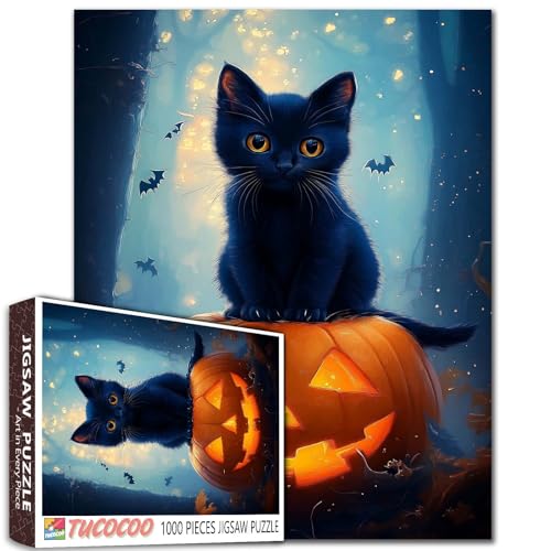 Leuchtender Kürbis schwarze Katze, 1000-teiliges Puzzle, niedliches Kätzchen, Halloween-Nacht, Wald, inspiriert, 68 x 50 cm, realistische Kunst Leuchtender Kürbis schwarze Katze, 1000-teiliges Puzzle, niedliches Kätzchen, Halloween-Nacht, Wald, inspiriert, 68 x 50 cm, realistische Kunst von Aihonmin