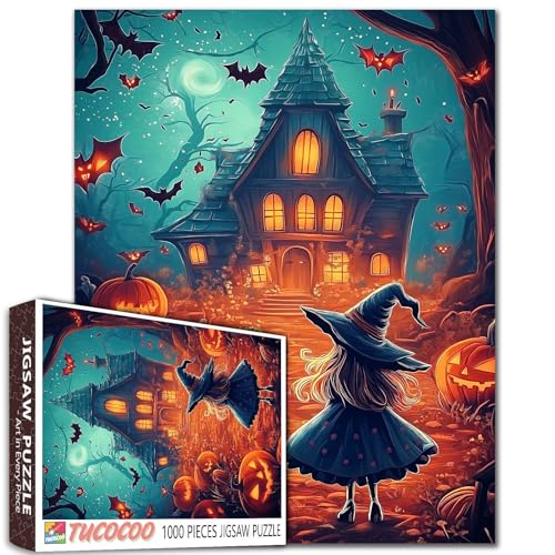 Little Witch Spukhaus, 1000-teiliges Puzzle, Cartoon-Halloween-Szene mit Fledermäusen, Kürbissen, lebendige Farben, 68 x 50 cm Little Witch Spukhaus, 1000-teiliges Puzzle, Cartoon-Halloween-Szene mit Fledermäusen, Kürbissen, lebendige Farben, 68 x 50 cm von Aihonmin