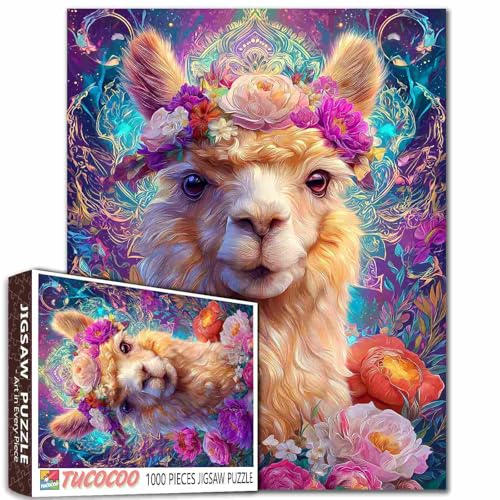 Llama Anden Puzzle, niedliche Anime-Figur, lebendige Berglandschaft, funkelnder Schnee, 50 x 70 cm, Blumenkrone, Entspannungsaktivität für Erwachsene, 1000 Teile von Aihonmin