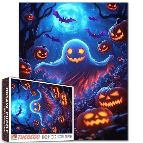 Mysterious Ghost Forest Halloween 1000 Teile Puzzle Flying Jack-o-Lanterns Blue Night Sky Hyper Realistic Digital Art 68.8 cm x 50.8 cm von Aihonmin