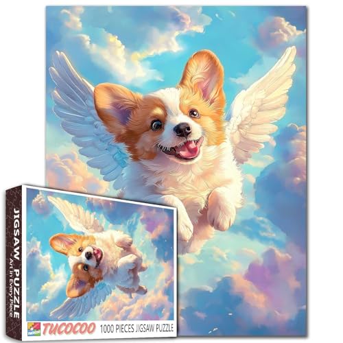 Niedliches Corgi-Welpen-Engelsflügel fliegender Himmel, 1000-teiliges Puzzle für Erwachsene, Anfänger, anspruchsvolle Familienaktivität, DIY, Basteln, Heimdekoration, Geschenk, 68 x 50 cm von Aihonmin