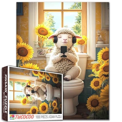 Puzzle für Erwachsene und Teenager, rustikale Schaf-WC-Szene, Sonnenblumen-Dekor, Landhaus, 68,6 x 50,8 cm, anspruchsvolle Familienaktivitäten, buntes DIY-Bastelpuzzle für Heimdekoration, Geschenke von Aihonmin
