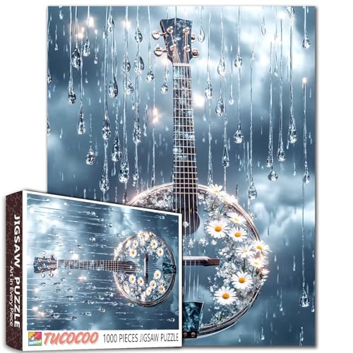 Rainy Banjo Bloom Puzzle für Erwachsene Glasbanjo 1000 Teile Puzzles für anspruchsvolle Familienaktivitätsspiele Gänseblümchen Blumen und Regentropfen Kunst Puzzle DIY Handwerk Puzzles Heimdekoration von Aihonmin