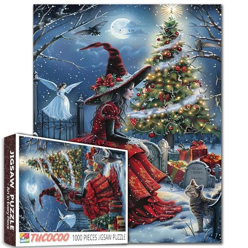 Red Dress Witch 1000 Teile Halloween Papier Puzzle für Erwachsene Katze und verschneite Nacht Puzzles Familienaktivität Perfekt für Spiel Familie Nacht Weihnachtsbaum Xmas Wanddekoration 19,7 x 27,6 von Aihonmin