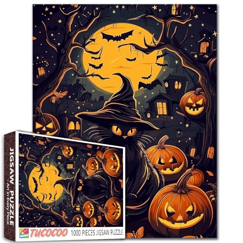 Retro Halloween Katze Hexen Poster 1000 Teile Puzzle Sternenhimmel Cartoon Stil Ultra Realistische Vektorkunst Design 68,6 x 50,8 cm von Aihonmin