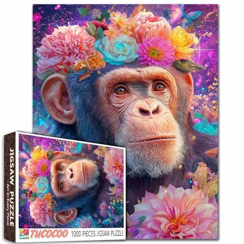 Schimpansen-Familien-Puzzle, niedlicher Anime-Stil, lebendige Farben, magischer Wald-Hintergrund, 50 x 70 cm, Blumenkrone, aufwendige Muster, Gehirnspiel für Erwachsene von Aihonmin