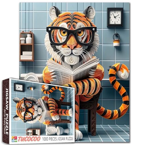Serious Tiger Animal Sitting on Toilet Jigsaw Puzzle for Adults 1000 Piece Bathroom Animal Reading Books Wearing Glasses Puzzle Unique Home Decor Gifts Gifts for Friends and Family Wall Decor von Aihonmin
