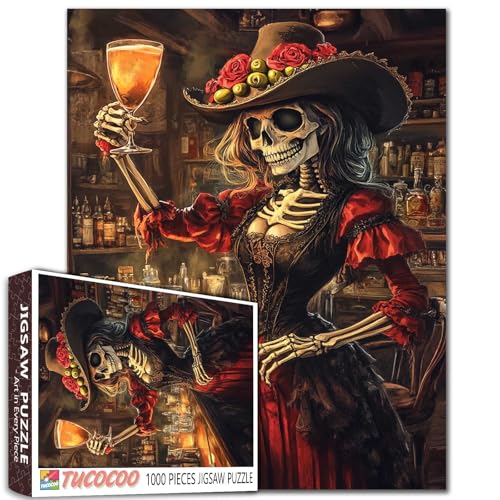 Skelett Frau Halloween Puzzle für Erwachsene 1000 Teile Taverne Tag der Toten Kunst DIY Handwerk für Home Decor Geschenke Familie Puzzle Perfekt für Spielabende 19,7 x 27,6 Zoll von Aihonmin