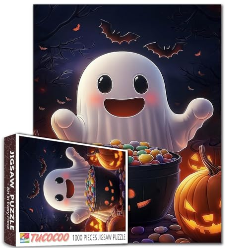 Süßes Geister-Süßigkeitentopf, Halloween, 1000-teiliges Puzzle, Nachtszene mit Kürbissen, Fledermäuse, bunt, Cartoon-Stil, Ganzkörper-Porträt Süßes Geister-Süßigkeitentopf, Halloween, 1000-teiliges Puzzle, Nachtszene mit Kürbissen, Fledermäuse, bunt, Cartoon-Stil, Ganzkörper-Porträt von Aihonmin