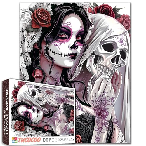 Sugar Skull Girl Puzzle 1000 Teile Halloween Menschlicher Schädel Puzzle für Erwachsene DIY Handwerk Puzzles Skelett Kunst Puzzle Stressabbau Spielabende Kunst Home Wall Decor Einzigartiges Geschenk von Aihonmin