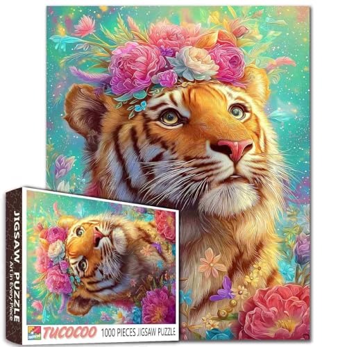 Tiger Fantasy-Puzzle für Erwachsene, Teenager, lebendige Details, leuchtende Farben, Blumenkrone, Anime-Stil, 68 x 50 cm, 1000 Teile Tiger Fantasy-Puzzle für Erwachsene, Teenager, lebendige Details, leuchtende Farben, Blumenkrone, Anime-Stil, 68 x 50 cm, 1000 Teile von Aihonmin