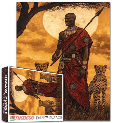 Tribal Warrior Geparden-Trainingspuzzle, Sonnenaufgang, Camouflage-Kunst mit Akazienschatten, 1000 Teile, Safari-Puzzle, 68 x 50 cm, herausfordernde Familienaktivitätsspiele für Heimdekoration von Aihonmin