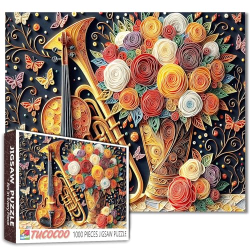 Vase Blume Gitarre Instrument Puzzle 1000 Teile für Erwachsene Schmetterling Blatt Pflanzen Puzzles Herausfordernde Familienaktivitätsspiele Einzigartige Wohnkultur Geschenke Intellektuelle von Aihonmin