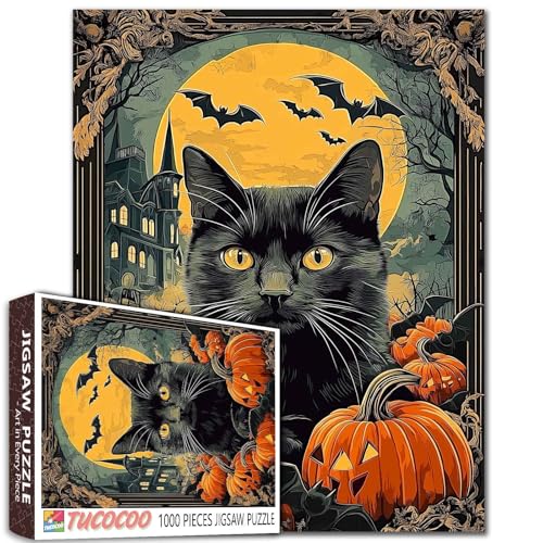 Vintage Halloween-Katzen-Poster, 1000-teiliges Puzzle mit Fledermäusen, Kürbissen, Mondschein Herrenhaus mit klassischer gruseliger Atmosphäre, 68 x 50 cm, Erwachsenenpuzzle Vintage Halloween-Katzen-Poster, 1000-teiliges Puzzle mit Fledermäusen, Kürbissen, Mondschein Herrenhaus mit klassischer gruseliger Atmosphäre, 68 x 50 cm, Erwachsenenpuzzle von Aihonmin