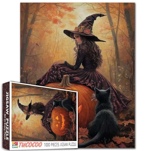 Vintage Witch Pumpkin Ride 1000 Teile Puzzle Autumn Woods Black Cat 68,6 x 50,8 cm von Aihonmin