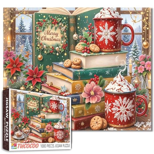 Weihnachtsbücher-Puzzle, 1000 Teile, Weihnachtstassen, heiße Schokolade, Kunst-Puzzles für anspruchsvolle Familienaktivitäten, DIY-Buch, Thema, Handarbeit, Puzzle für Zuhause, Wanddekoration von Aihonmin