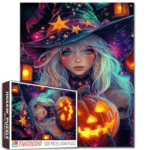 Weißhaarige Halloween-Hexe, 1000 Teile, Puzzle, Kürbislaternen, bunte Sterne, Fantasy-Hintergrund, 68 x 50 cm, Meisterwerkkunst Weißhaarige Halloween-Hexe, 1000 Teile, Puzzle, Kürbislaternen, bunte Sterne, Fantasy-Hintergrund, 68 x 50 cm, Meisterwerkkunst von Aihonmin