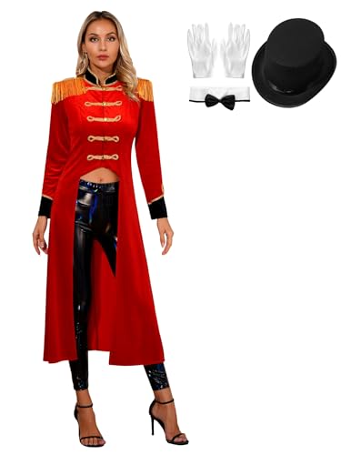 Aiihoo 4Pcs Zirkus Kostüm Damen Ringmaster Uniform Langarm Frack Jacke Ringmaster Mantel Smoking Anzugjacke Halloween Party Karneval Cosplay Verkleidung A Rot M von Aiihoo