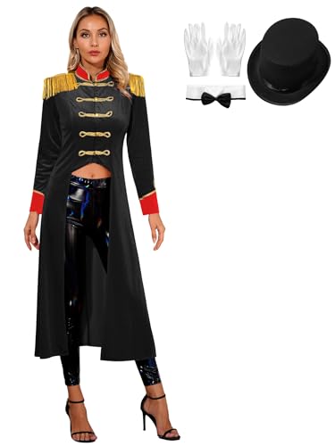 Aiihoo 4Pcs Zirkus Kostüm Damen Ringmaster Uniform Langarm Frack Jacke Ringmaster Mantel Smoking Anzugjacke Halloween Party Karneval Cosplay Verkleidung A Schwarz M von Aiihoo