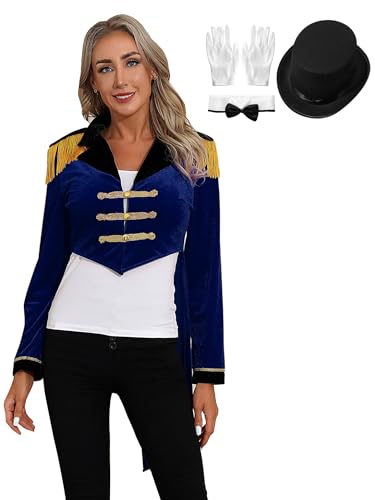 Aiihoo 4Pcs Zirkus Kostüm Damen Ringmaster Uniform Langarm Frack Jacke Ringmaster Mantel Smoking Anzugjacke Halloween Party Karneval Cosplay Verkleidung B Marineblau L von Aiihoo