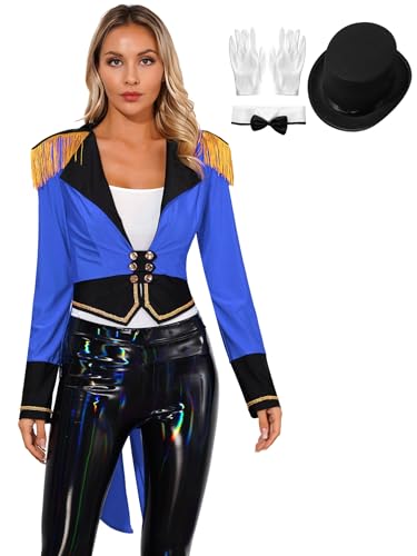 Aiihoo 4Pcs Zirkus Kostüm Damen Ringmaster Uniform Langarm Frack Jacke Ringmaster Mantel Smoking Anzugjacke Halloween Party Karneval Cosplay Verkleidung C Königsblau M von Aiihoo