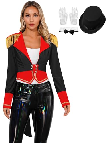 Aiihoo 4Pcs Zirkus Kostüm Damen Ringmaster Uniform Langarm Frack Jacke Ringmaster Mantel Smoking Anzugjacke Halloween Party Karneval Cosplay Verkleidung C Schwarz 3XL von Aiihoo