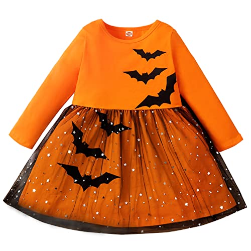 Aiihoo Baby Mädchen Kürbis Kostüm Glitzer Tüllkleid Halloween Kostüm Kinder Langarm Baumwolle Kleid mit Bat Drucken Cosplay Outfits Partykleid Verkleidung Orange 86-92 von Aiihoo