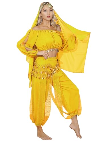 Aiihoo Bauchtanz Kostüm Damen Arabisch Prinzessin Kostüm Pailletten Crop Top mit Fransen + Haremshose Laterne Hosen Jasmin Kostüm Karneval Party U Gelb One Size von Aiihoo