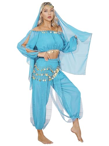 Aiihoo Bauchtanz Kostüm Damen Arabisch Prinzessin Kostüm Pailletten Crop Top mit Fransen + Haremshose Laterne Hosen Jasmin Kostüm Karneval Party U Hellblau One Size von Aiihoo