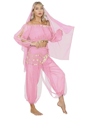 Aiihoo Bauchtanz Kostüm Damen Arabisch Prinzessin Kostüm Pailletten Crop Top mit Fransen + Haremshose Laterne Hosen Jasmin Kostüm Karneval Party U Rosa One Size von Aiihoo
