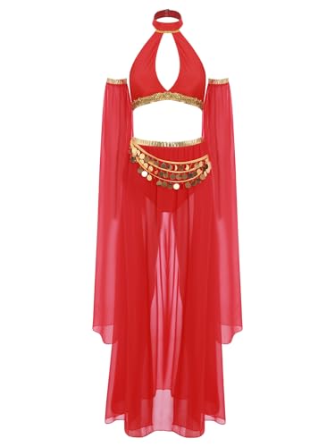 Aiihoo Bauchtanz Kostüm Set Damen Schulterfreies Tanktops Shorts Chiffon Rock mit Pailletten Quaste Belly Dance Outfit Rot S Aiihoo Bauchtanz Kostüm Set Damen Schulterfreies Tanktops Shorts Chiffon Rock mit Pailletten Quaste Belly Dance Outfit Rot S von Aiihoo