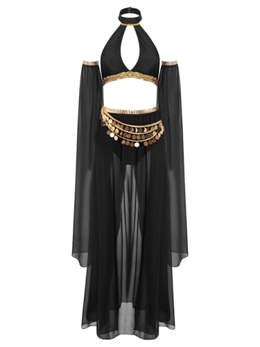 Aiihoo Bauchtanz Kostüm Set Damen Schulterfreies Tanktops Shorts Chiffon Rock mit Pailletten Quaste Belly Dance Outfit Schwarz L von Aiihoo