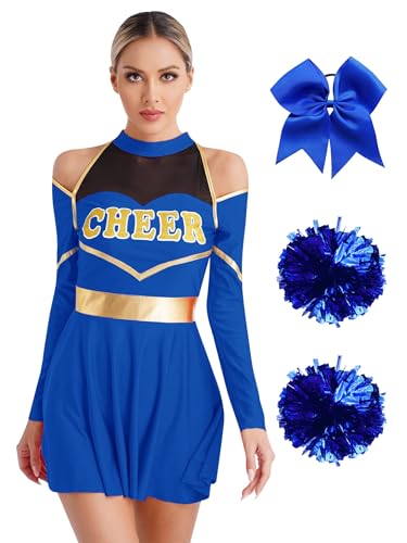 Aiihoo Cheer Leader Kostüm Damen Langarm Cheerleading Kleid + Pompoms + Haarreif Schulterfrei Schulmädchen Uniform Tanzkleid Karnaval Fasching Kostüm Blau S von Aiihoo