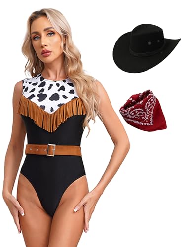 Aiihoo Cowboy Kostüm Damen Ärmellos Body + Cowboy Hut Western Cowgirl Hüte mit Halstuch Hippie Kostüm Karneval Fasching Party Schwarz 3XL von Aiihoo