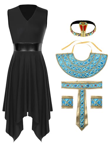 Aiihoo Damen Ägyptische Königin Kostüm Kleopatra Kostüm Ärmellos Kleid + Gürtel + Armband + Kopfbedeckung Erwachsenekostüm für Halloween Cosplay Party C Schwarz M von Aiihoo